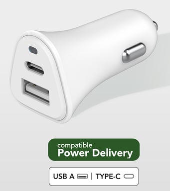 Double Chargeur voiture USB A+C PD 37W (12+25W) Power Delivery Souple Blanc Just Green