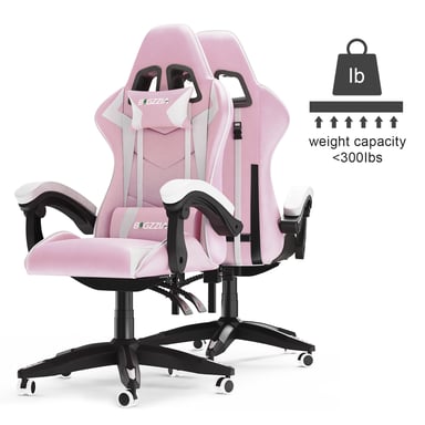 Silla gaming reclinable de cuero sintético con respaldo alto, reposacabezas y soporte lumbar - Rosa y blanco