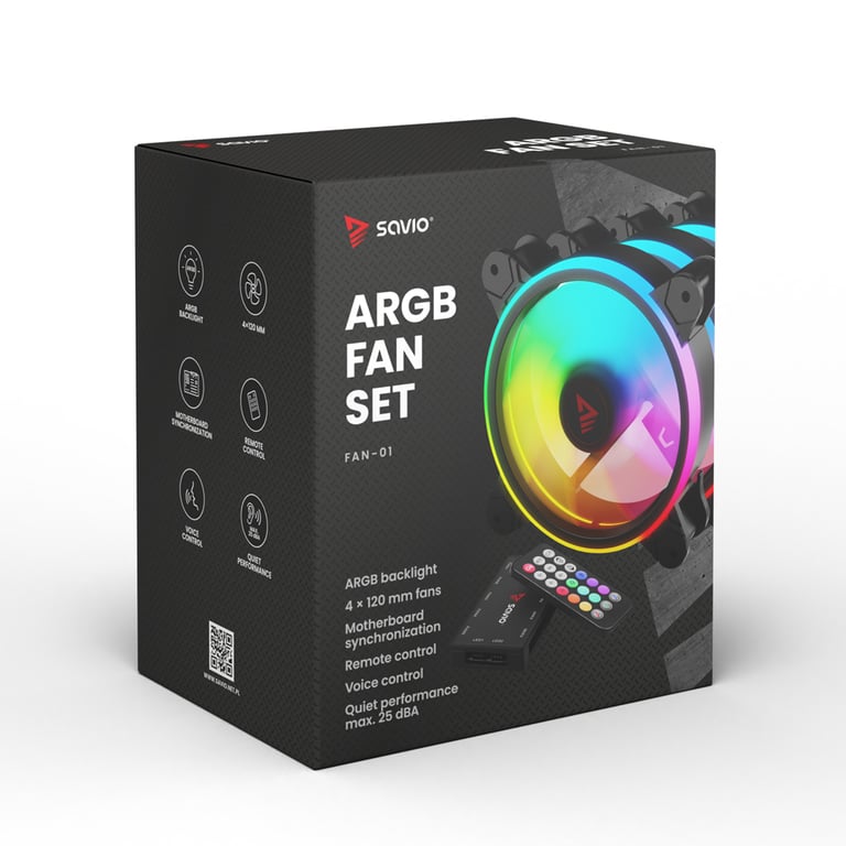 Savio FAN 01 4 pack 120mm ARGB fan including controller and remote control Boitier PC Ventilateur 12 cm 4 pièce Neuf - vue 3