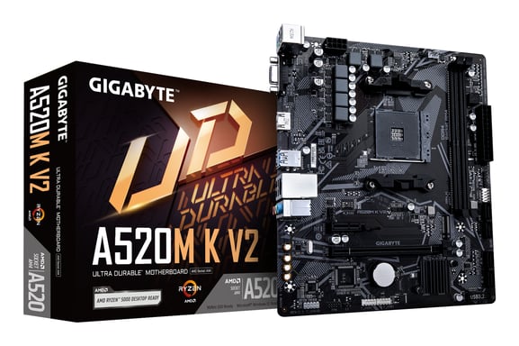GIGABYTE Placa base A520M K V2 - Compatible con CPUs AMD Ryzen serie 5000 AM4, hasta 5100MHz DDR4 (OC), PCIe Gen3 x4 M.2, LAN GbE, USB 3.2 Gen 1