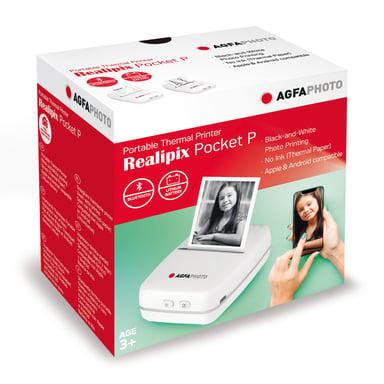 AGFA PHOTO Realipix Pocket P - Impresora fotográfica térmica portátil (impresión en blanco y negro sin tinta, Bluetooth, batería de litio) Blanco