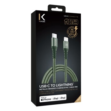 Cable de carga/sincronización trenzado metálico de USB-C a Lightning con certificación MFi de Apple (1M), verde medianoche