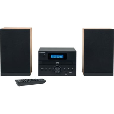 Microsistema Bluetooth - THOMSON - Madera/Negro - Radio FM/CD/MP3/USB, 20 W RMS, Sintonizador FM RDS, Toma de auriculares, Mando a distancia, Alimentación 230 V