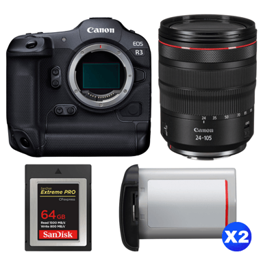 Appareil photo hybride Canon EOS R3 + RF 24-105mm f/4 L IS USM + 1 SanDisk 64GB Extreme PRO CFexpress Type B + 2 Canon LP-E19 + Ebook ''20 astuces pour des images qui claquent''