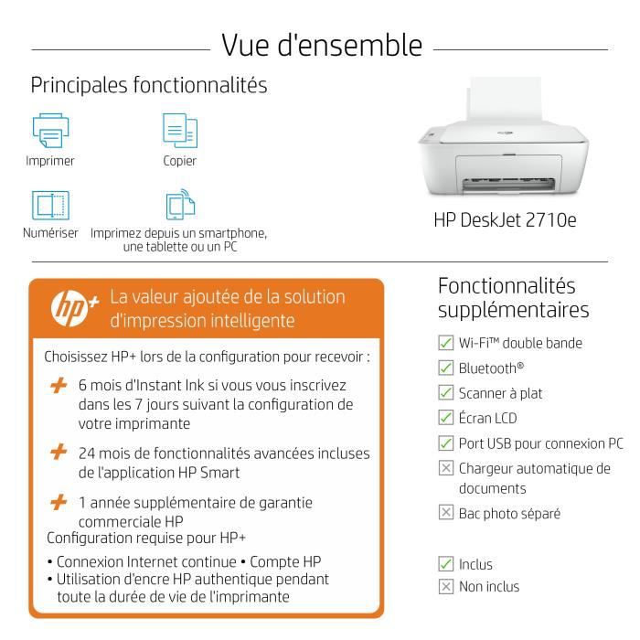 HP DeskJet 2710e Imprimante tout-en-un Jet d'encre couleur Copie Scan - 6  mois d'Instant ink inclus avec HP+ - HP