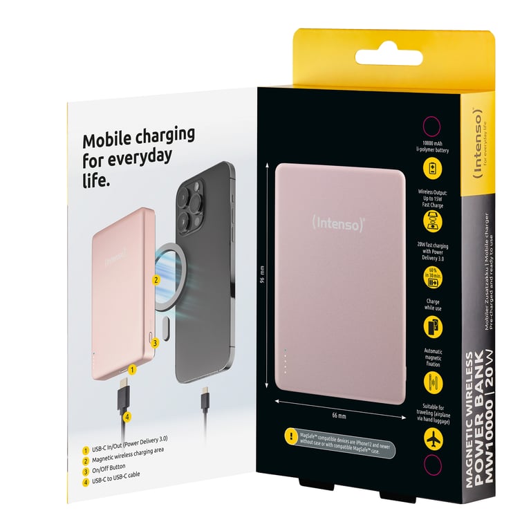 Intenso Batterie Externe Magnétique MW10000 10000 mAh – Compatible MagSafe Charge Sans Fil USB C PD Pour iPhone & Android – Testée en Allemagne – Rosé Neuf - vue 2