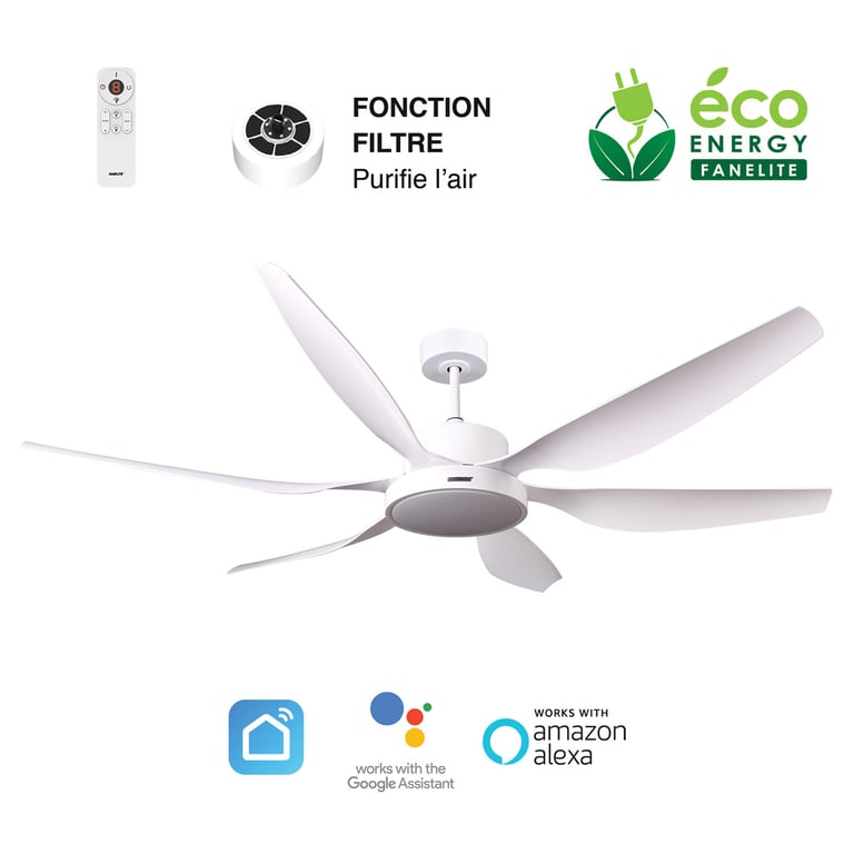 Fanelite - Ventilateur de plafond 168 cm blanc RANGIROA - Moteur DC 55W - LED 22W 3 couleurs - Silence + PURIFICATEUR D'AIR INCLUS - Neuf