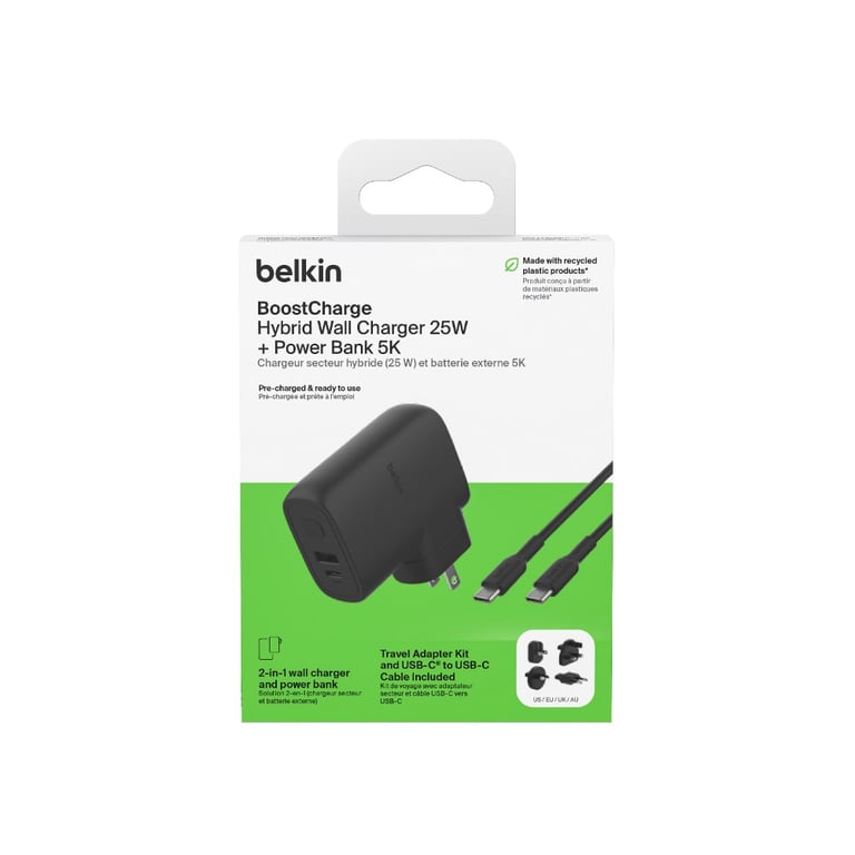 Belkin chargeur secteur USB C et USB A avec Batterie externe 5K intégré - vue 1