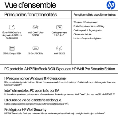 HP EliteBook 8 G1i 13 inch Notebook AI PC Wolf Pro Security Edition Intel Core Ultra 5 225U Portátil 33,8 cm (13.3'') WUXGA 16 GB LPDDR5x-SDRAM Wi-Fi 7 (802.11be) Windows 11 Pro