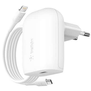 Belkin Cargador de red plano USB C de 30 W Cable USB C a Lightning de 1 m Blanco