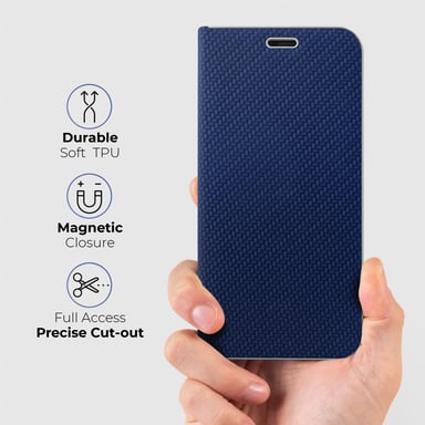 Moozy Étui Portefeuille pour iPhone 13 Pro, Bleu Foncé Carbone - Étui à Rabat avec Bordure Métallique, Fermeture Magnétique, Flip Cover avec Porte-Cartes et Fonction Béquille