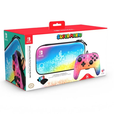Pack de mando con cable y funda de transporte PDP REMATCH Star Spectrum para Nintendo Switch, Switch Lite y OLED, audio de 3,5 mm, botones traseros, multicolor