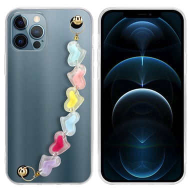 Coque pour Apple iPhone 12 PRO en Transparent avec des cœurs colorés Housse de protection Étui en silicone TPU flexible et avec tour de cou chaîne de poignet