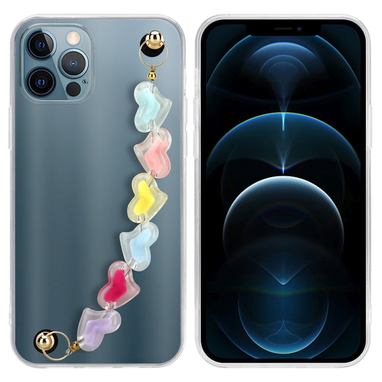 Coque pour Apple iPhone 12 PRO en Transparent avec des cœurs colorés Housse de  protection Étui en silicone TPU flexible et avec tour de cou chaîne de  poignet - Cadorabo