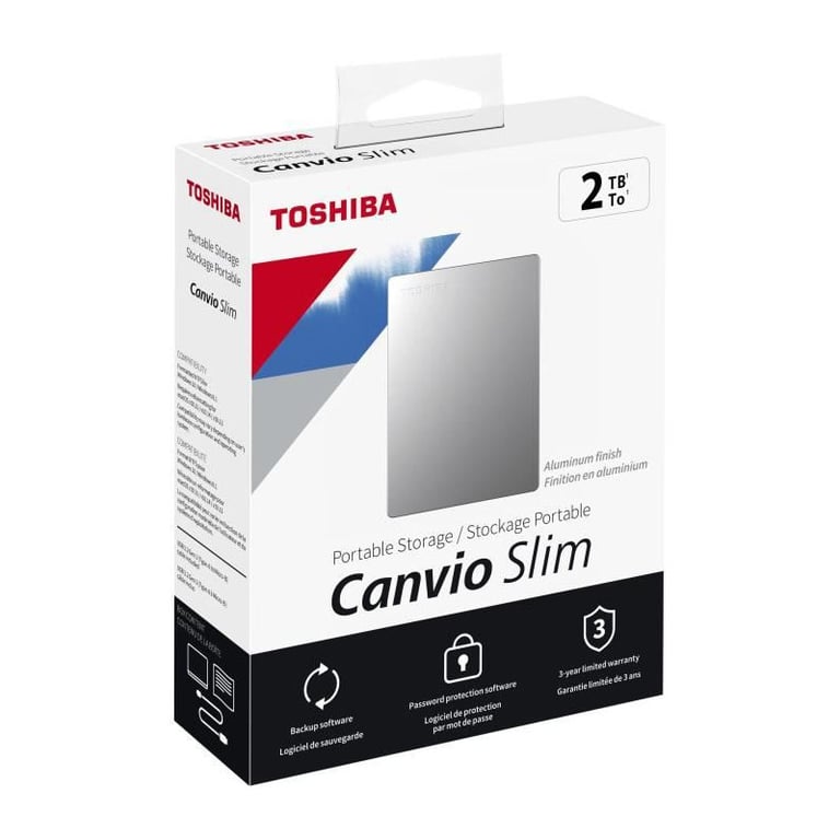 Disque dur externe - TOSHIBA - Canvio Slim - 2 To - Argent