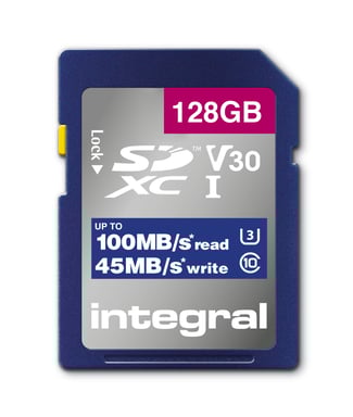 Integral INSDX128G-100V30 SCHEDA SD da 128 GB SDXC UHS-1 U3 CL10 V30 FINO A 100MBS Lettura 45MBS Scrittura 128 Go UHS-I