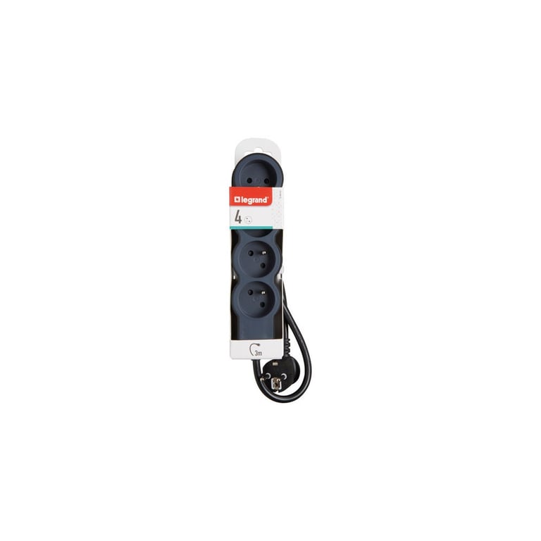 Legrand Barrette multiprise extra-plate 4 prises 2P+T 3 m Noir/Gris 16A 3680 W 3 prises inclinées 45° 1 à 90°