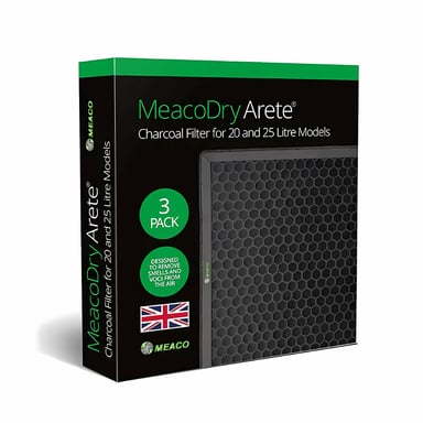 Filtro de carbón activo MeacoDry Arete para deshumidificadores de 20L y 25L, pack de 3 filtros, elimina olores, mejora la calidad del aire y optimiza el rendimiento.