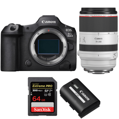 Cámara híbrida Canon EOS R5 Mark II + RF 70-200mm f/2.8 L IS USM + 1 SanDisk 64GB Extreme PRO UHS-II + 1 Canon LP-E6P + Ebook ''20 consejos para fotos que impactan''