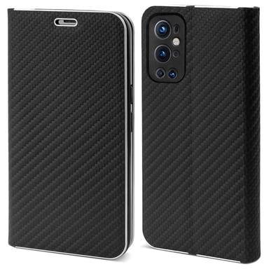 Moozy Étui Portefeuille pour OnePlus 9 Pro, Noir Carbone - Étui à Rabat avec Bordure Métallique, Fermeture Magnétique, Flip Cover avec Porte-Cartes et Fonction Béquille