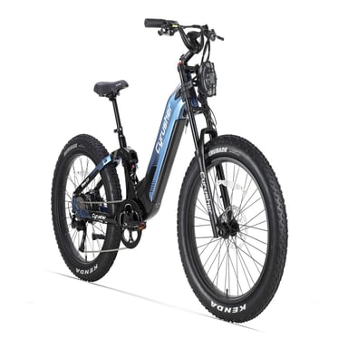 Vélo électrique tout-terrain CYRUSHER Trax 2.0, batterie 52 V 20 Ah, suspension intégrale à 4 points d'ancrage, transmission Shimano 9 vitesses - bleu