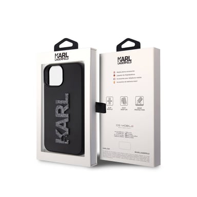 Custodia per iPhone 15 Plus in gomma 3D con logo Karl glitterato