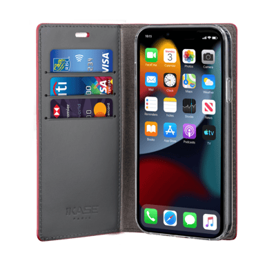 Diarycase 2.0 Coque clapet en cuir véritable avec support aimanté pour Apple iPhone 13, Rouge Bordeaux