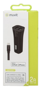 Tab Pack Chargeur Voiture 2Usb +Cable 2A Usb/Lightning 1M Noir