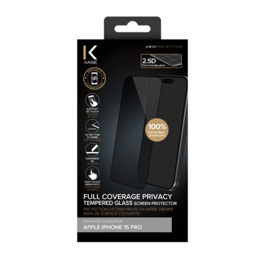 Protector de pantalla de vidrio templado de privacidad (cobertura del 100 %) para Apple iPhone 15 Pro, color negro