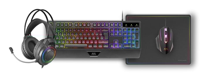Mars Gaming MCP124PRO, Combo Gaming 4en1, Teclado RGB H-Mech con Reposamuñecas, Ratón RGB 3200DPI y Switches HUANO, Auriculares FRGB, Alfombrilla Nano