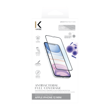 Protection dâ€™écran antibactérienne en verre trempé ultra-résistant (100% de surface couverte) pour Apple iPhone 12 mini, Noir
