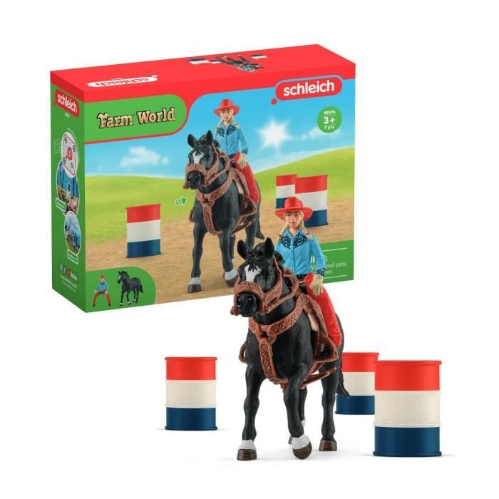 Figurine Cowgirl et Tonneaux de Racing avec figurine et cheval Schleich 42576 Farm World - vue 3