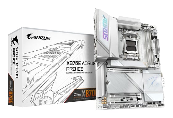 GIGABYTE X870E AORUS PRO ICE Carte Mère - Prend en charge les processeurs AMD Ryzen 9000, 16+2+2 Phases VRM Digital, jusqu'à 8000MHz DDR5 (OC), 3xPCIe 5.0 + 1xPCIe 4.0, Wi-Fi 7, 2.5GbE LAN, USB 4