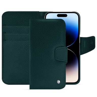 Housse cuir Apple iPhone 15 Pro - Rabat portefeuille - Vert - Cuir saffiano