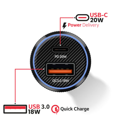 Swissten Cargador de coche USB-C 20W / USB-A para smartphone con cable USB-C 60W 1m Negro