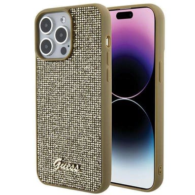 Custodia Guess per iPhone 15 Pro Max 6,7'' oro Custodia rigida Disco Metal Script