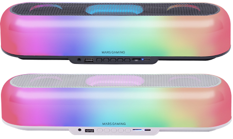 Mars Gaming MSB-ORB, Altavoz Portátil + Barra de Sonido 20W, Iluminación Orbilight RGB 360º, Soundbar con Sistema de Triple Driver, Altavoces Gaming Bluetooth 5.3 / USB / MicroSD / AUX / FM, Blanco