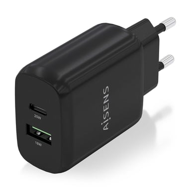Chargeur Aisens 25W - 1xUSB-C PD3.0 - 1xUSB-A QC3.0 - Couleur Noir