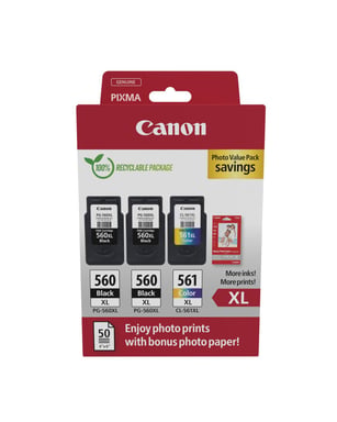 Canon PG-560XL/CL-561XL Pack de 3 Cartouches d'Encre Originales + Papier Photo Brillant GP-501 - 371