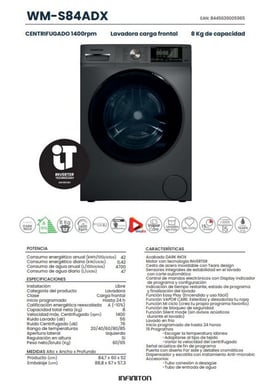 Lavadora Carga Frontal Infiniton WM-S84ADX, 8 kg, 1400 rpm, A, Vapor Care, Inverter, Dark Inox