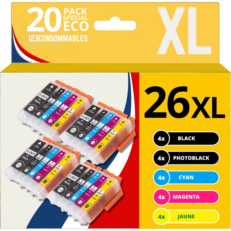 123CONSOMMABLES 26XL Cartouche d'encre compatible avec Epson pour Epson Expression Premium XP 510 XP 520 XP 600 XP 605 XP 610 XP 615 XP 620 XP 625 XP 700 XP 710 XP 720 XP 800 XP 810 pack de 20 Neuf