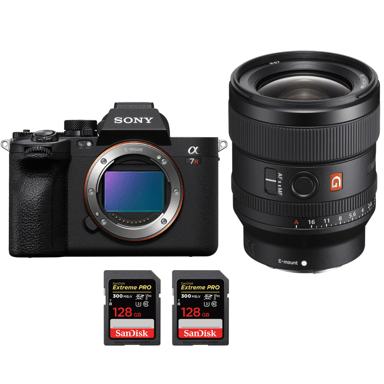 Cámara híbrida Sony A7R V + FE 24mm f/1.4 GM + 2 SanDisk 128GB Extreme PRO UHS-II + Ebook ''20 consejos para fotos que impactan''