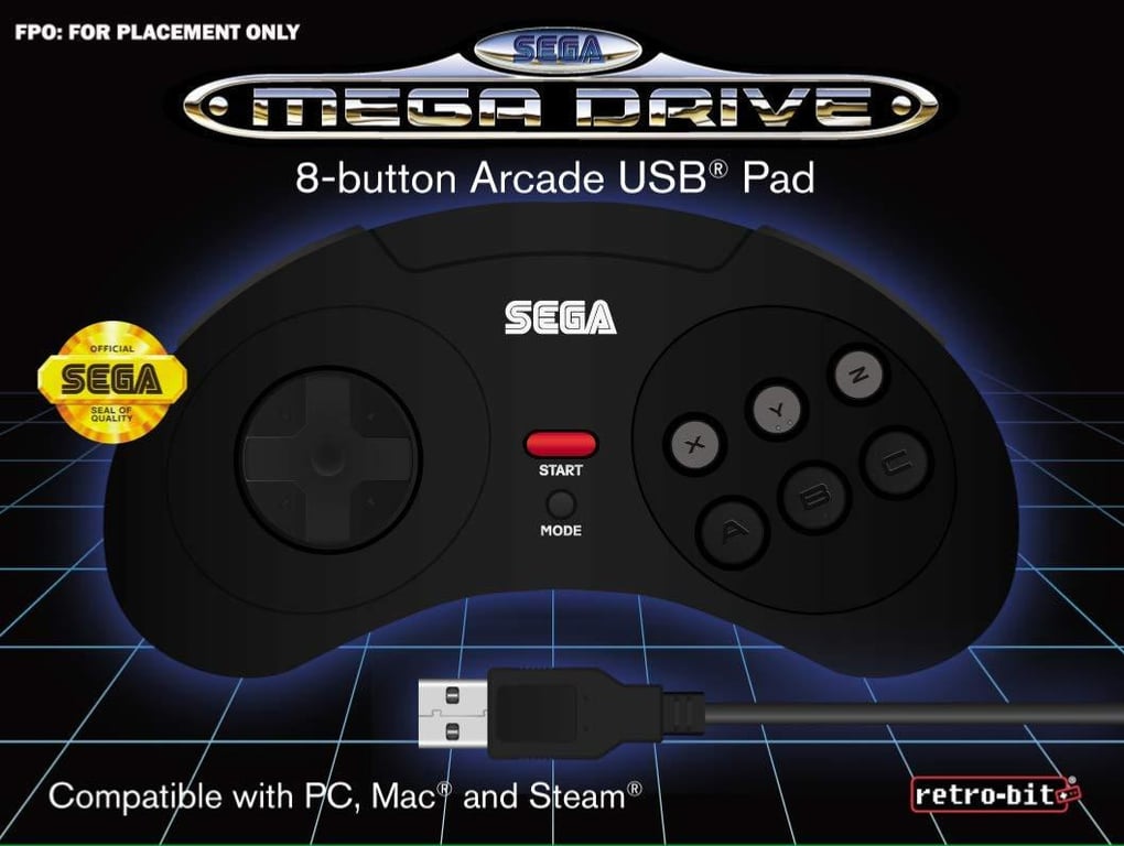 Manette USB Rétro SEGA Megadrive / Mega Drive - Couleur Bleu Clair - Pour PC, Steam, Mac - Marque Retro-Bit - Neuf Emballé