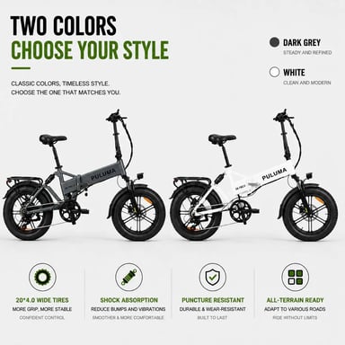 Bicicleta Eléctrico PULUMA EB FM-2.0 | Motor 500W | Batería 48V15Ah | Neumáticos de 20 Pulgadas | Velocidad Máx 25 km/h | Autonomía 45 km  | Gris