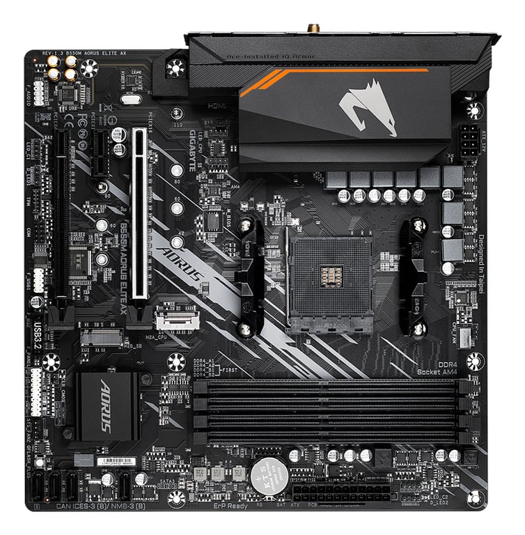 GIGABYTE B550M AORUS ELITE AX Carte mère - Processeurs AMD Ryzen 5000, VRM 5+3 phases, jusqu'à 4733 MHz DDR4, 1xPCIe 4.0 + 1xPCIe 3.0 M.2, Wi-Fi 6E, LAN 1GbE, USB 3.2 Gen 1 - Neuf
