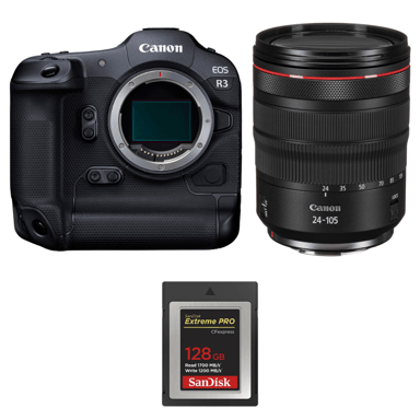 Appareil photo hybride Canon EOS R3 + RF 24-105mm f/4 L IS USM + 1 SanDisk 128GB Extreme PRO CFexpress Type B + Ebook ''20 astuces pour des images qui claquent''