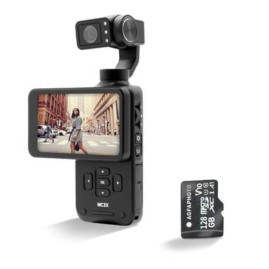 AgfaPhoto Gimbal Realimove MC3X + MicroSDXC UHS-I 128GB - Caméra Stabilisateur 3 Axes 4K Ultra HD, Écran Tactile Rotatif 3,5'', 20 MP, Suivi de Visage, Vision Nocturne, Grand Angle 120°, Wi-FI - Noir