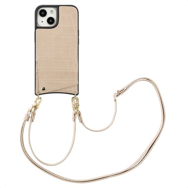 Selencia Coque de télephone Nova Croco avec cordon et porte-cartes pour Apple iPhone 15 - Beige