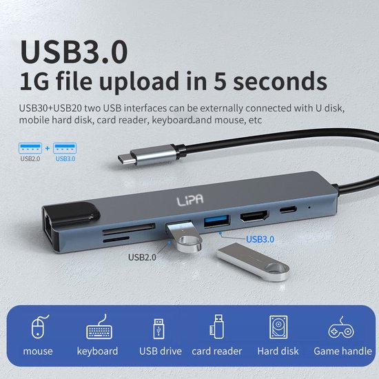 Lipa S8 station d'accueil 7 en 1 pour ordinateur portable Station d'accueil USB C Stations d'accueil Hub USB USB C Dock d'alimentation Neuf - vue 4