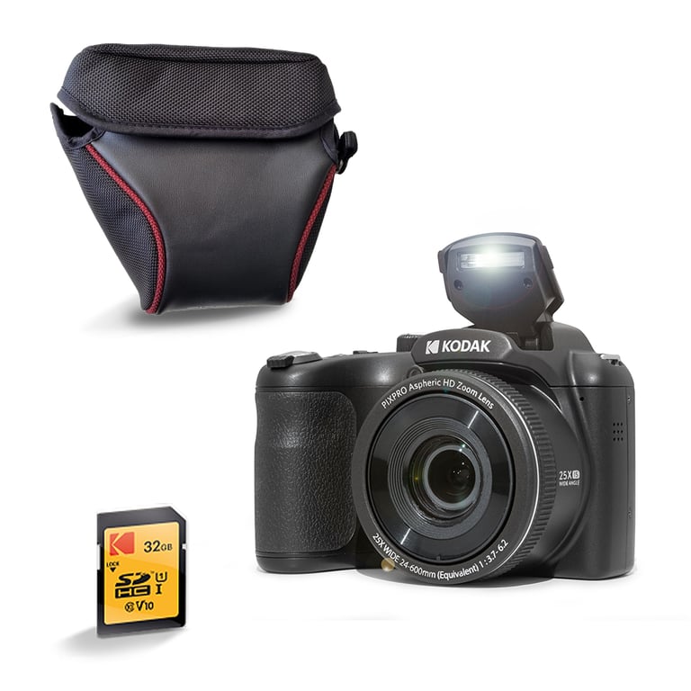KODAK Pack Pixpro AZ255 + Carte Mémoire SD 32Go + Etui - Appareil Photo Bridge Numérique 16MP, Zoom Optique 25X, Stabilisateur, Video Full HD 1080p, Grand angle 24 mm, Ecran LCD 3 '', Pile AA - Noir - Neuf